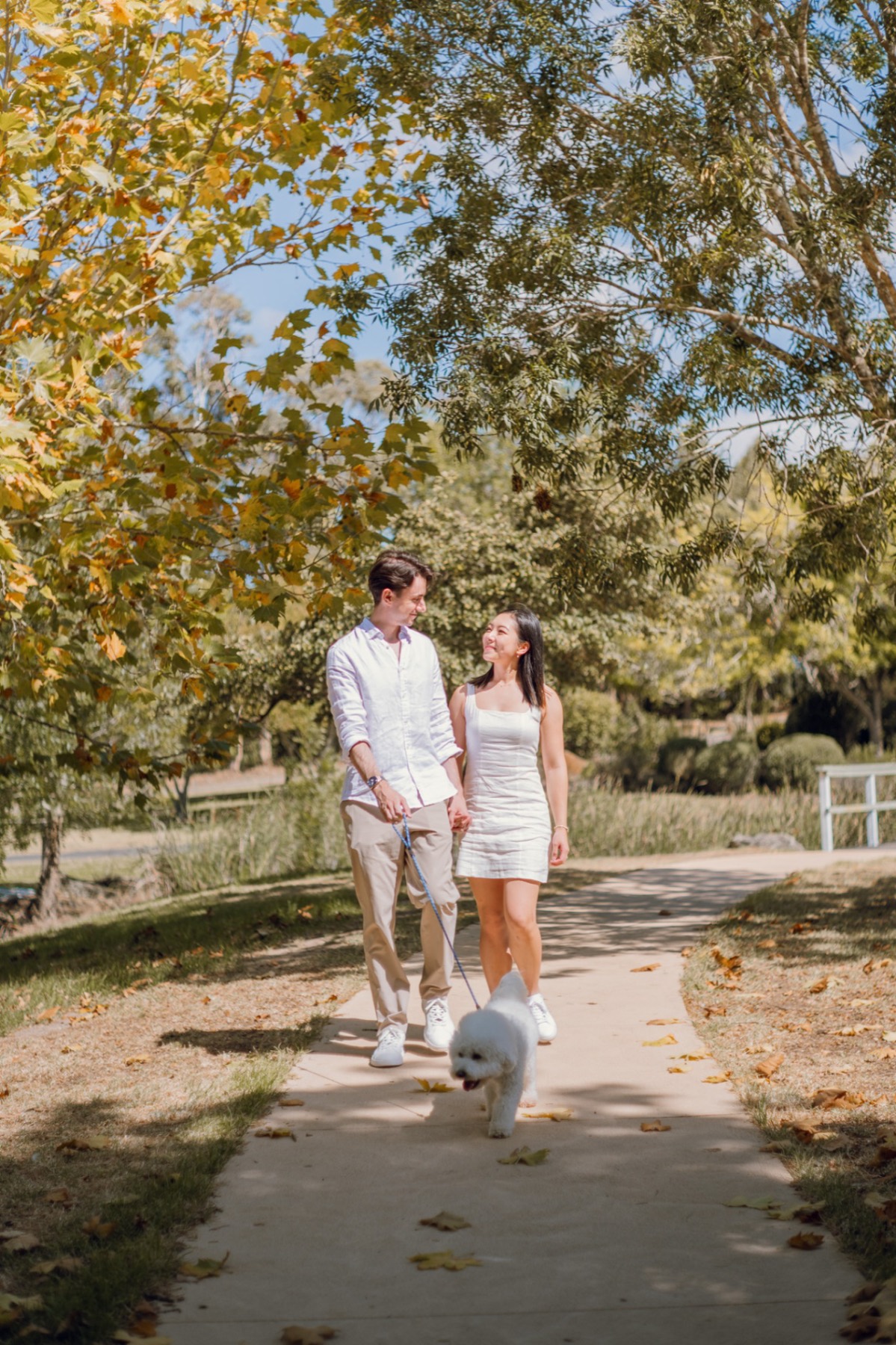 Damon and Christina walking Marlo along a leafy park path