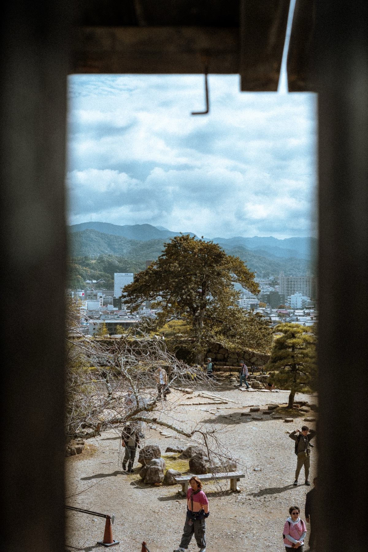 Castle grounds and distant mountains framed by a dark wooden window