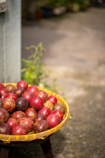 A woven basket of ripe red fruit on a stool beside a quiet lane